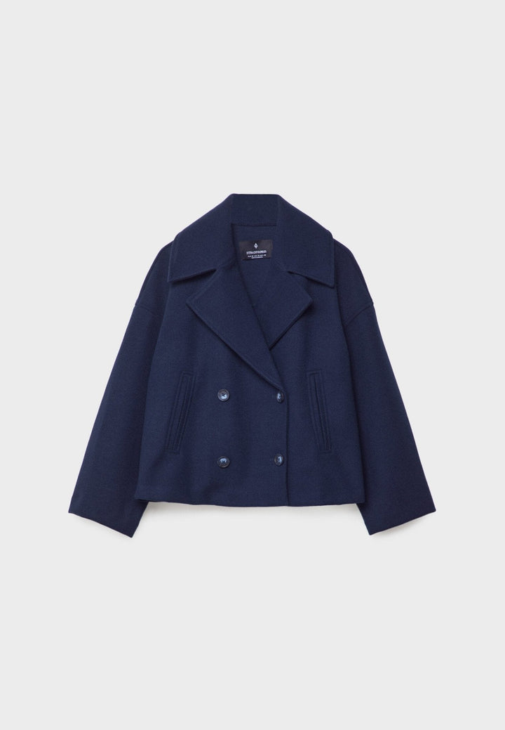 Flattering women's double-breasted crop coat, a chic and professional outerwear option.