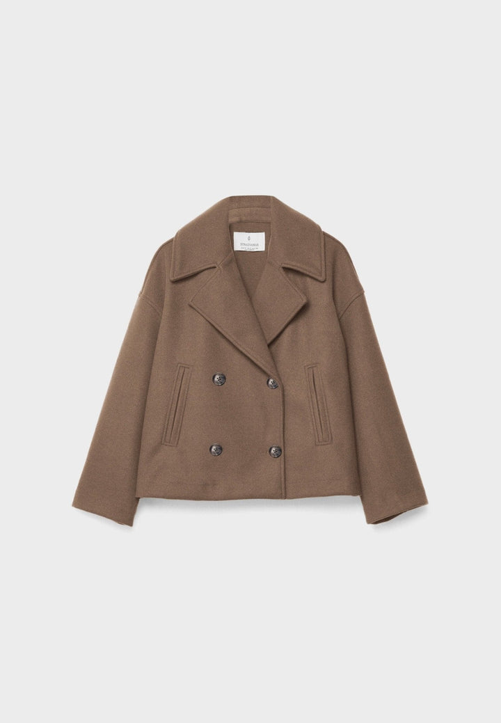 Professional women's crop jacket; double-breasted design offers chic, refined outerwear.