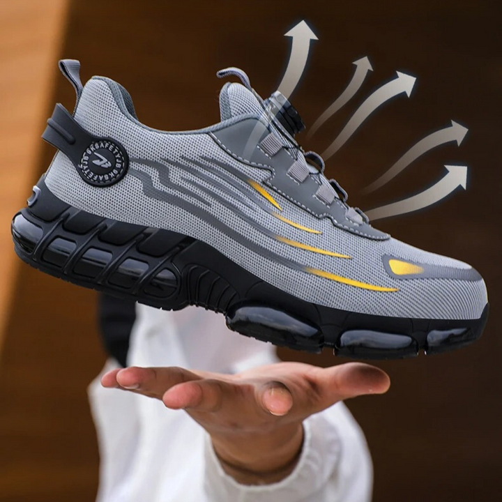 Side view of men's protective steel-toe work shoes, highlighting orthopedic comfort and breathable design.