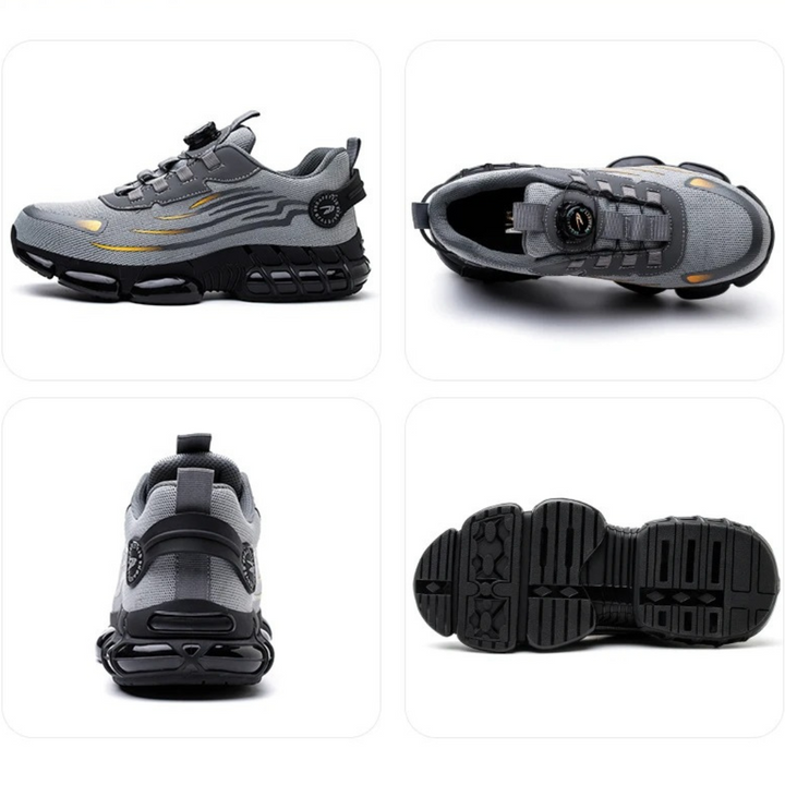 A pair of men's steel-toe safety work shoes. Orthopedic, breathable, and puncture-resistant for daily wear.