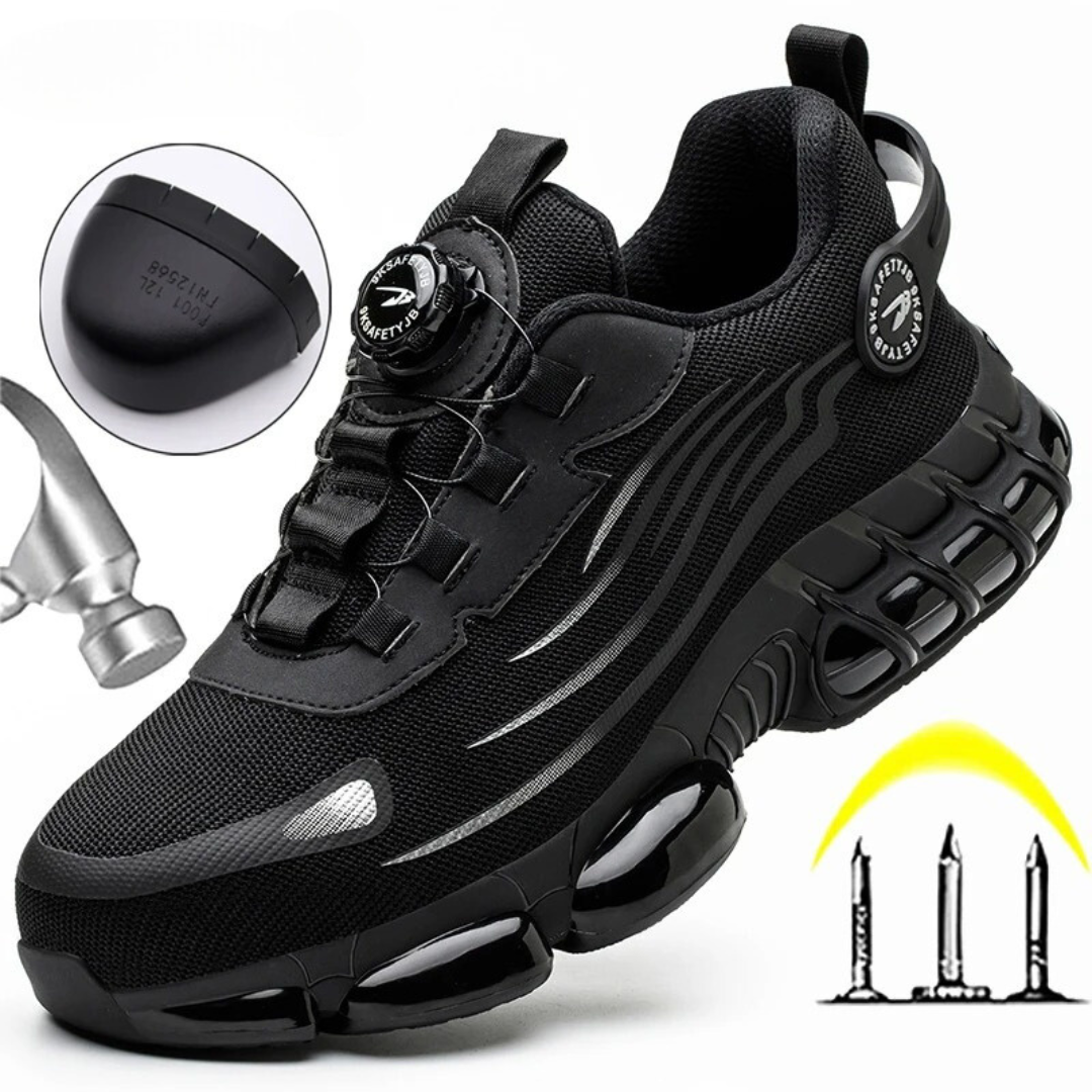 Men's steel-toe safety work shoes, orthopedic comfort, protective footwear for long shifts & daily wear.