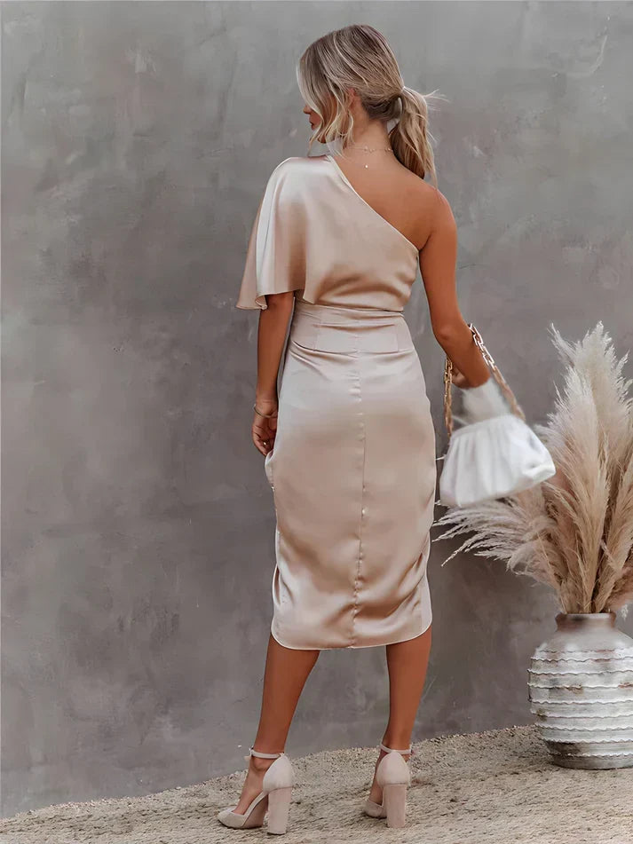 Elegant Seraphina evening gown, women's flattering silk midi dress for formal occasions.