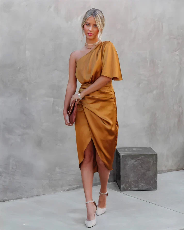Chic orange Seraphina women's evening gown, luxury silk midi dress, flattering formal wear.