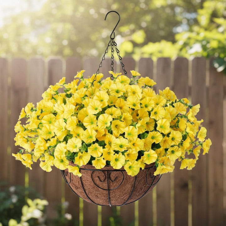 Maintenance-free silk flowers in a hanging basket. Ideal artificial plant for easy indoor/outdoor decor.