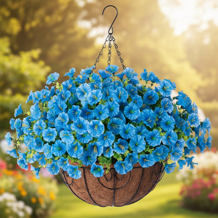 High-quality artificial silk flowers hanging basket. Durable and realistic for long-lasting home decor.