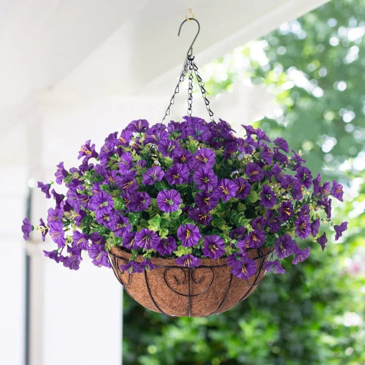 Lifelike fake flowers in a hanging basket. Charming artificial plant for year-round home & garden decor.