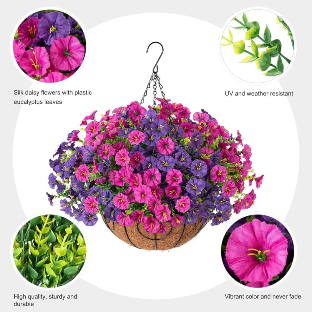 Premium silk flower hanging basket. Realistic artificial plant design, perfect for indoor & outdoor home decor.