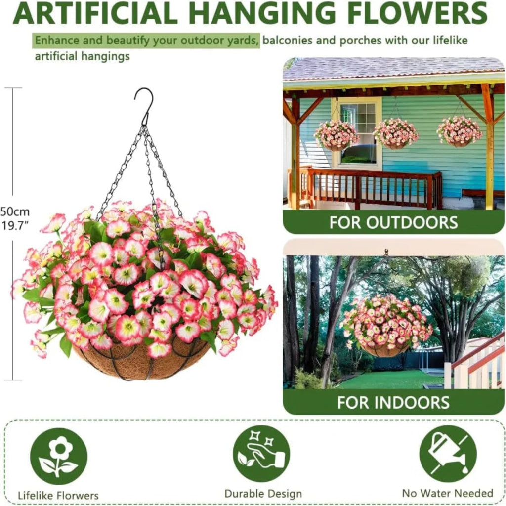 Charming artificial plant hanging basket with silk flowers. Adds elegant floral decor to any home space.