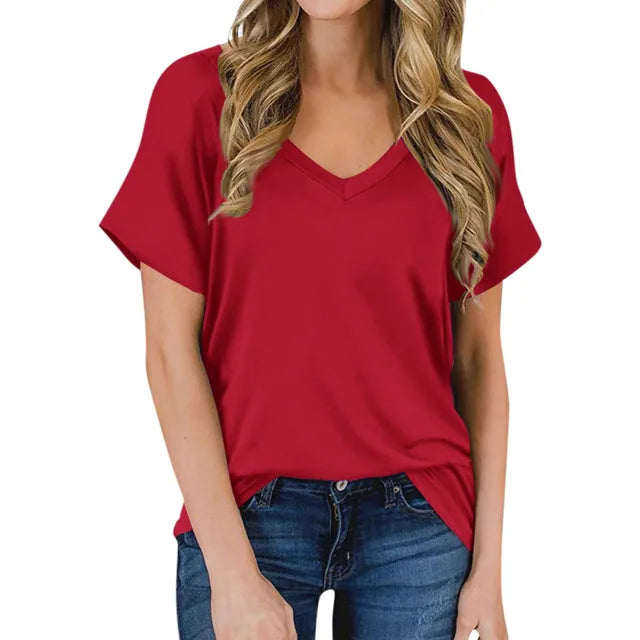Basic women's V-neck t-shirt. Versatile short sleeve top for casual wear, everyday comfort, and summer fashion.