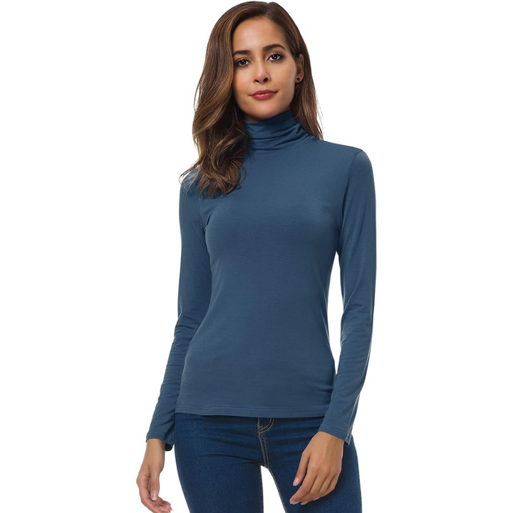 Timeless women's slim fit long sleeve turtleneck top, a versatile piece for any fashion wardrobe.
