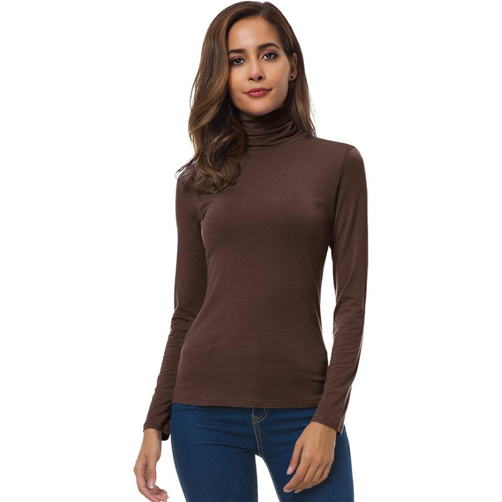 Women's long sleeve slim fit turtleneck top, great for layering under sweaters & jackets.