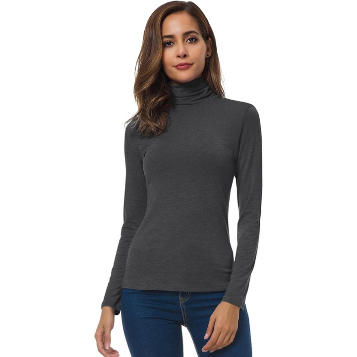 Chic women's slim fit turtleneck, a fashionable long sleeve top for office or weekend wear.