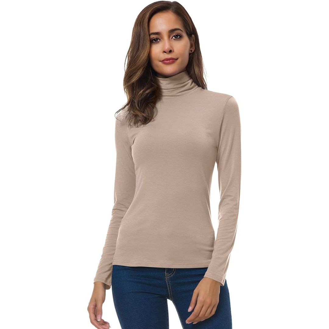 Modern women's slim fit turtleneck, a sleek long sleeve top for effortless casual elegance.