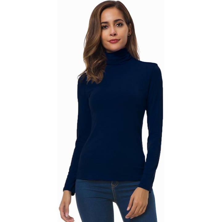 Women's slim fit turtleneck base layer, a foundational long sleeve top for fall & winter outfits.