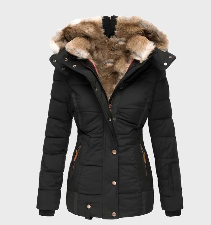 Stylish women's slim fit hooded winter jacket. Warm, durable outerwear for cold weather, offering a flattering silhouette.