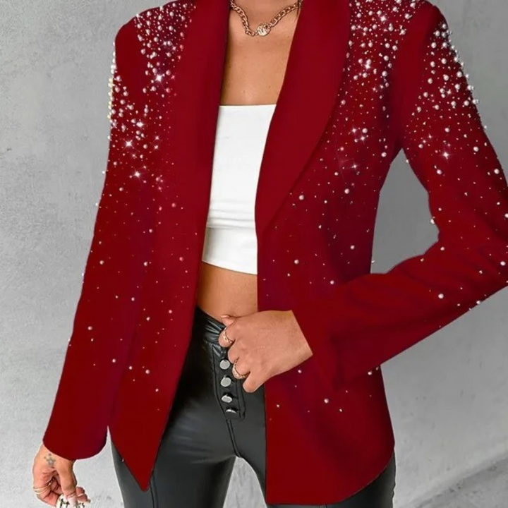 Elegant Amara women's slim blazer with delicate pearl details. Ideal fashion outerwear for business or casual.
