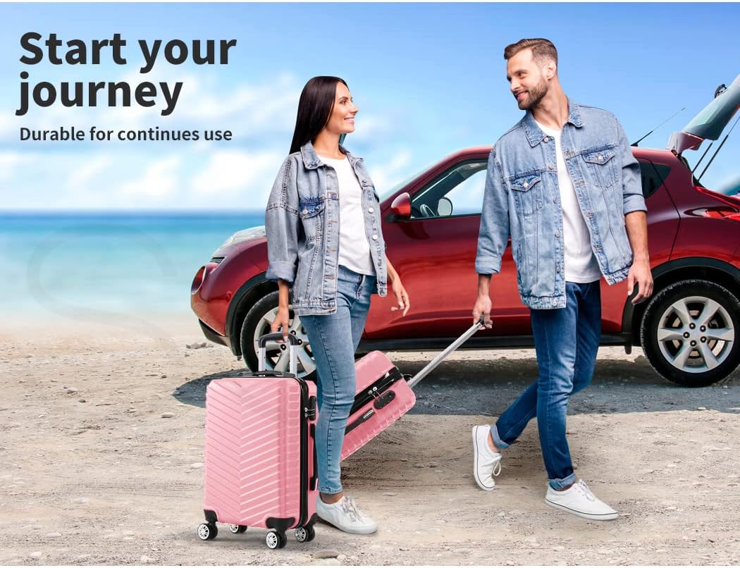 Stylish rose gold hard shell carry-on suitcase with 360-degree spinner wheels, perfect for weekend getaways.