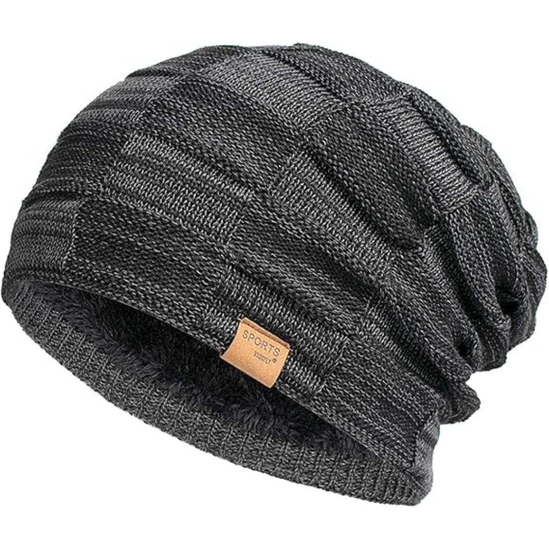 Unisex warm slouch beanie hat, cozy knit for winter fashion & cold weather. Fleece lined acrylic accessory.