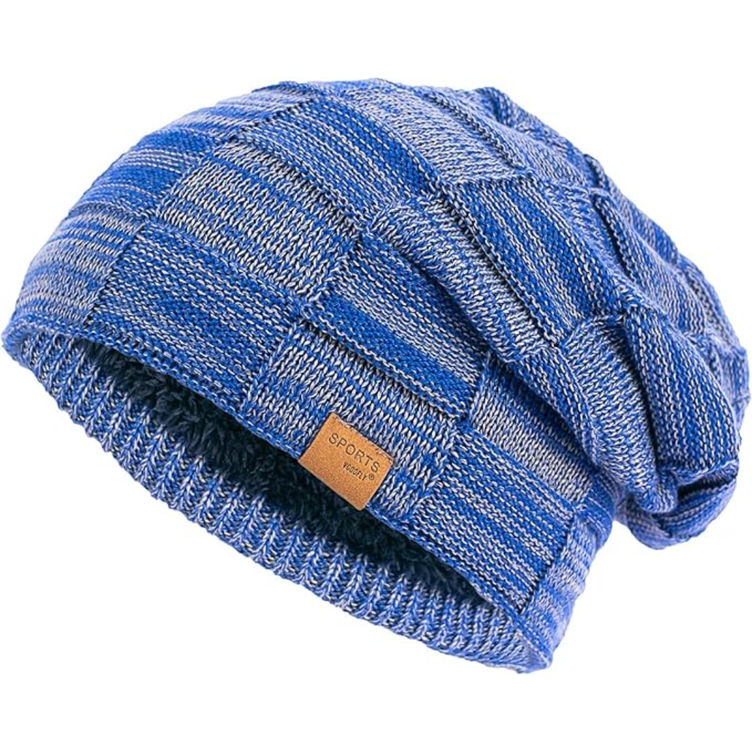 Fashionable slouch beanie, a thick knit winter hat for cold weather. Unisex design with warm fleece lining.
