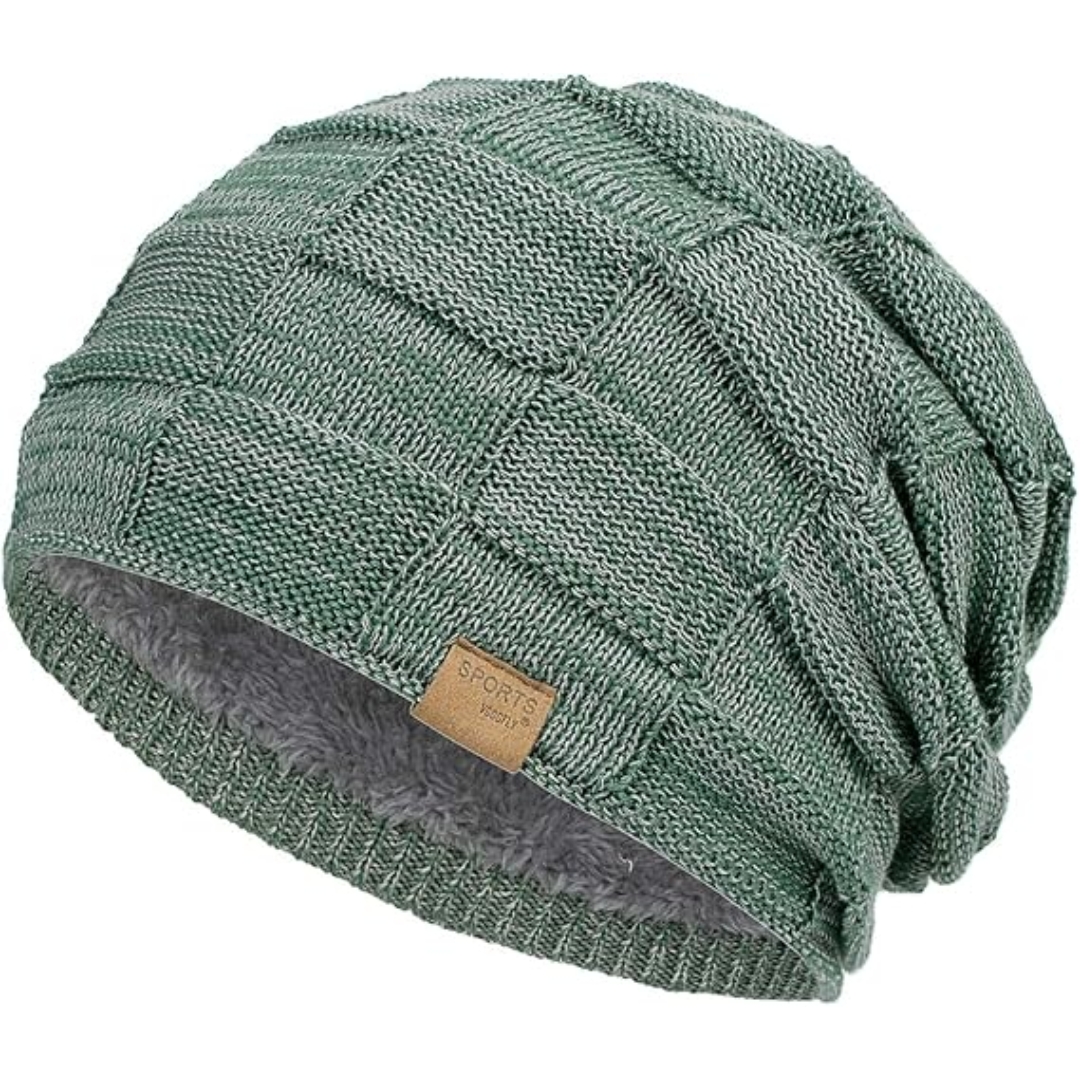 Cozy and warm unisex slouch beanie, a fleece-lined knit winter hat perfect for cold weather activities and style.