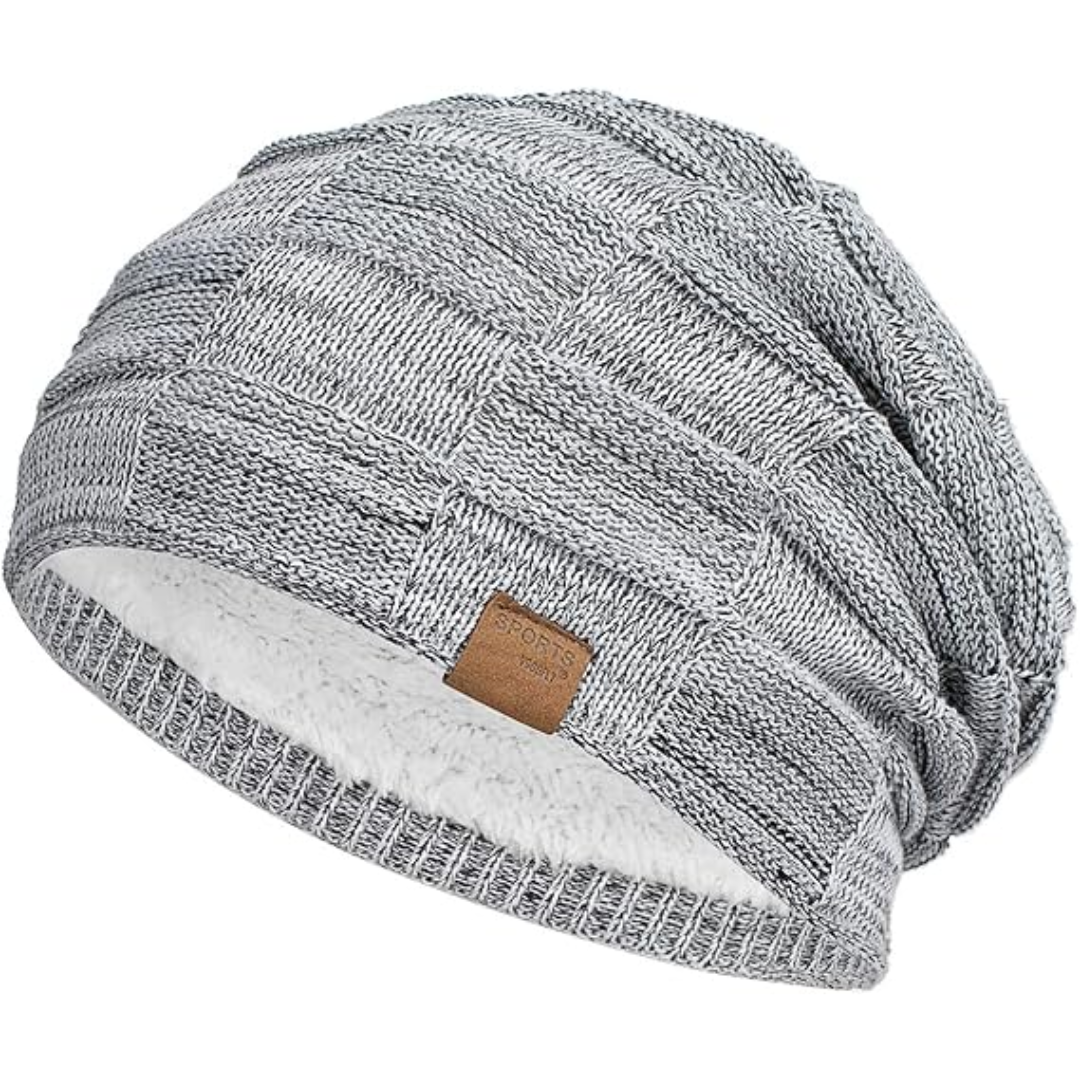 Fleece-lined slouch beanie, a comfortable and warm unisex knit hat for winter. Great for cold weather style.