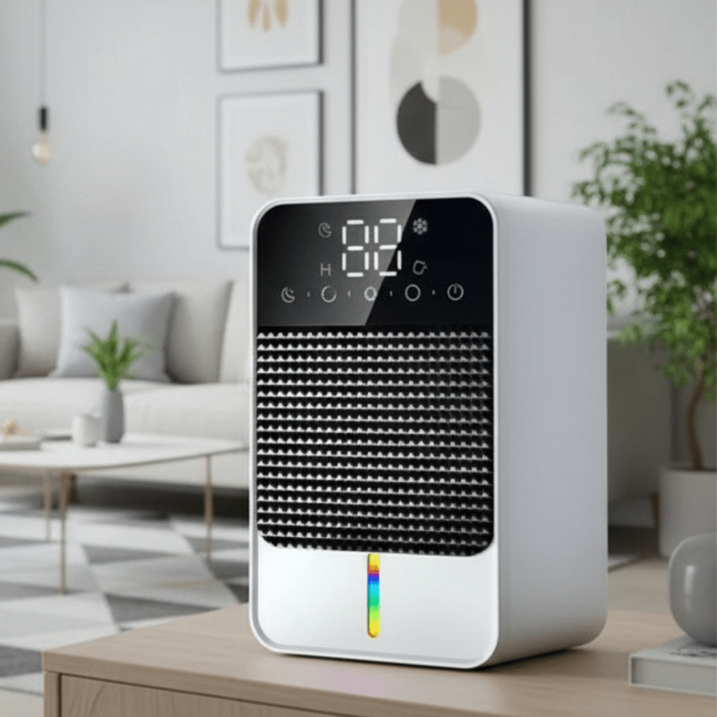 Compact dehumidifier for home, ideal for small spaces. Controls moisture and improves air quality.