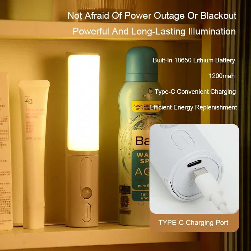 Bedroom LED night light, motion sensor activated, rechargeable for hassle-free use.