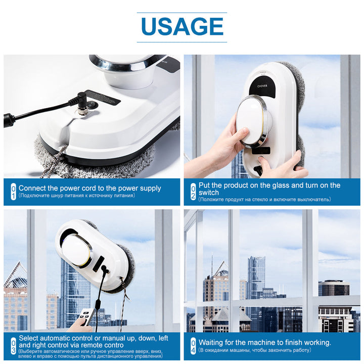 Efficient smart robotic window cleaner, vacuums dust & cleans windows automatically.