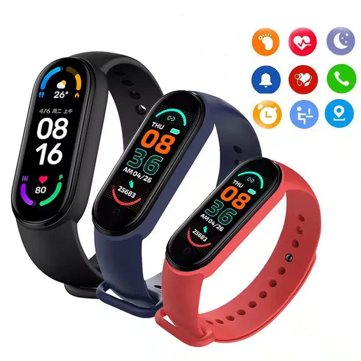 Smart fitness tracker watch, unisex design. Features heart rate, blood pressure & activity monitoring.