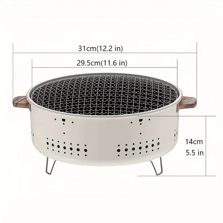 Easy-clean, compact portable charcoal grill for smoke-free outdoor cooking on patios, camping, or balconies.