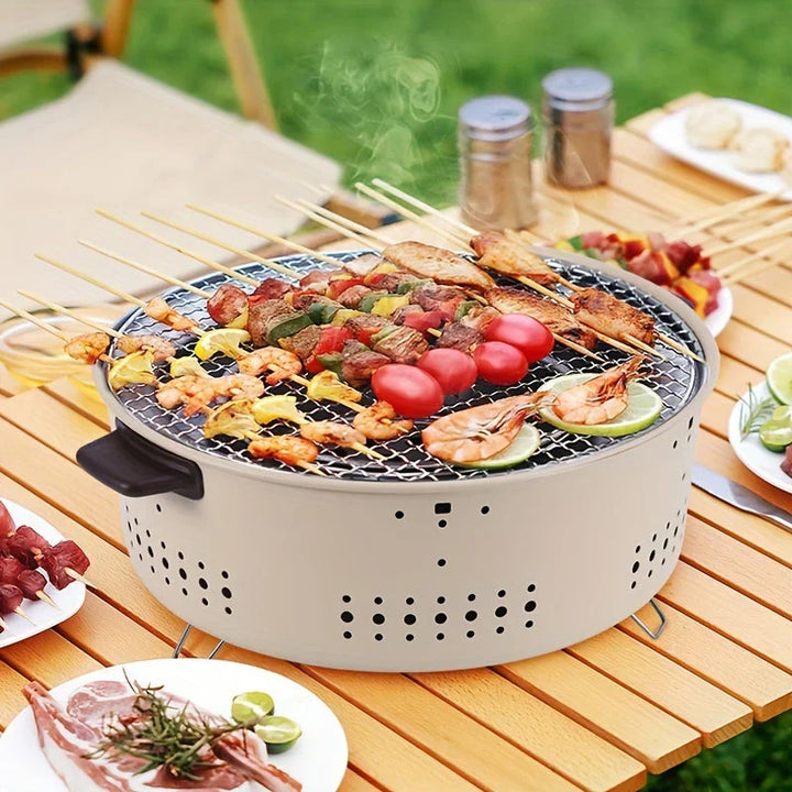Portable smoke-free charcoal grill for healthy outdoor cooking, perfect for camping, patios, and balconies.