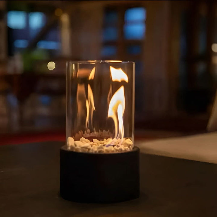 Portable smoke-free bioethanol table fireplace, perfect for indoor & outdoor modern home ambiance.