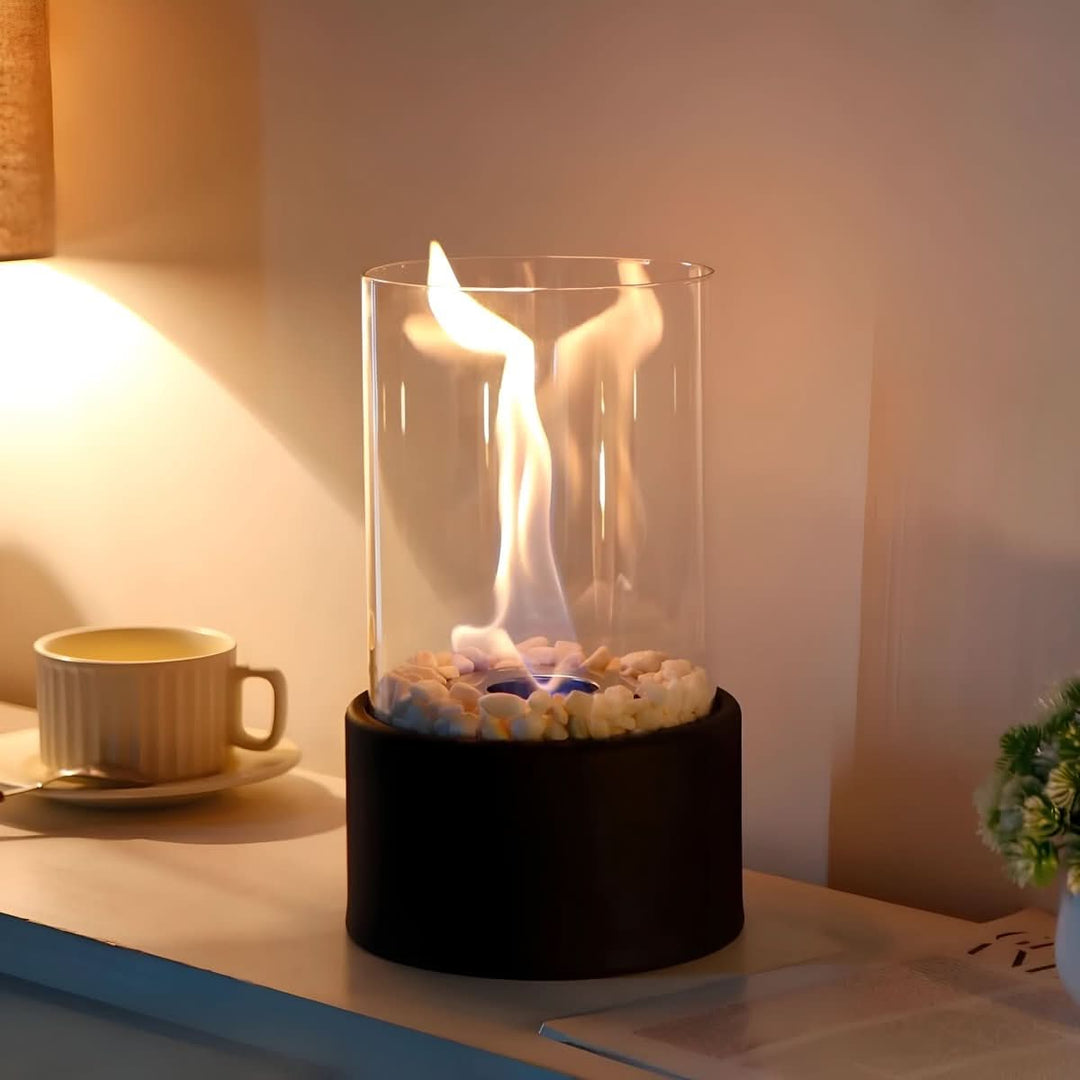Contemporary portable table fireplace with clean, smoke-free flame for elegant indoor-outdoor decor.