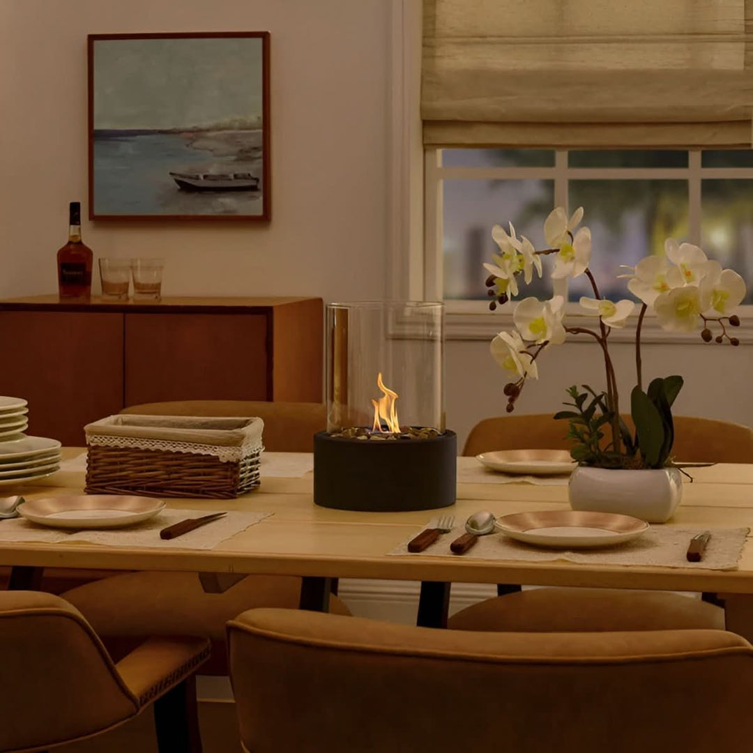 Tabletop bioethanol fireplace, portable and smoke-free, perfect for indoor & outdoor modern decor.