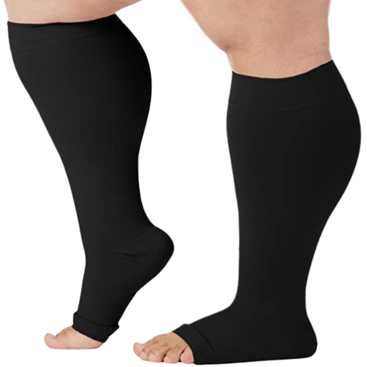 Women's plus-size open toe compression socks for leg relief, swelling, and improved circulation.