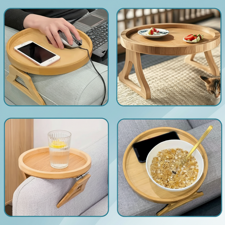 Modern adjustable armrest table for sofas, a practical folding wood tray for snacks and remote control storage.