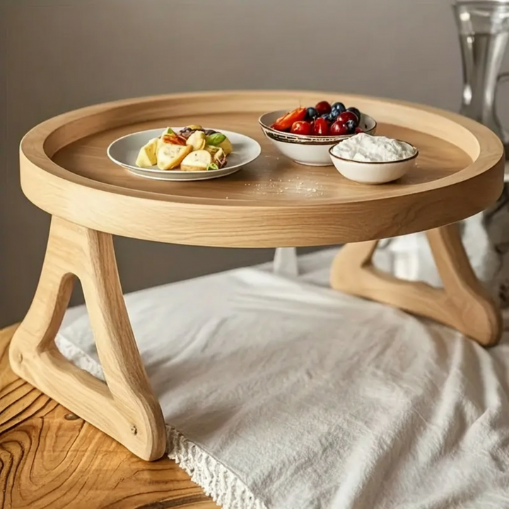 Wooden sofa armrest organizer with foldable design, serving as a stable drink holder & snack table for living rooms.
