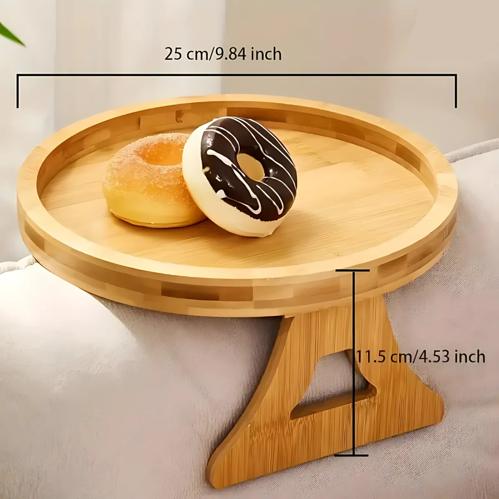Versatile folding wood couch armrest table, adjustable for various sofas, perfect for drinks, snacks & tablets.