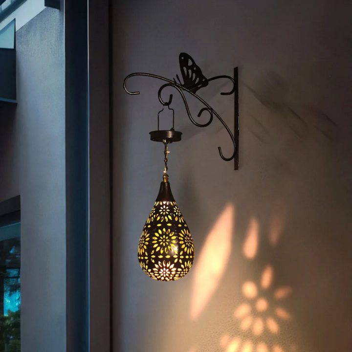 Decorative LumaBright solar hanging lantern, ideal for automatic garden and patio outdoor lighting. Weatherproof.