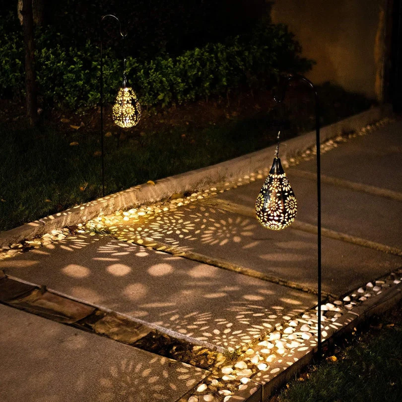 Solar-powered LumaBright hanging lantern, an eco-friendly & weather-resistant outdoor lighting for gardens.