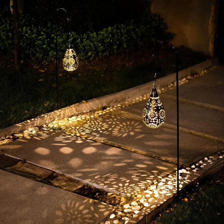 Solar-powered LumaBright hanging lantern, an eco-friendly & weather-resistant outdoor lighting for gardens.