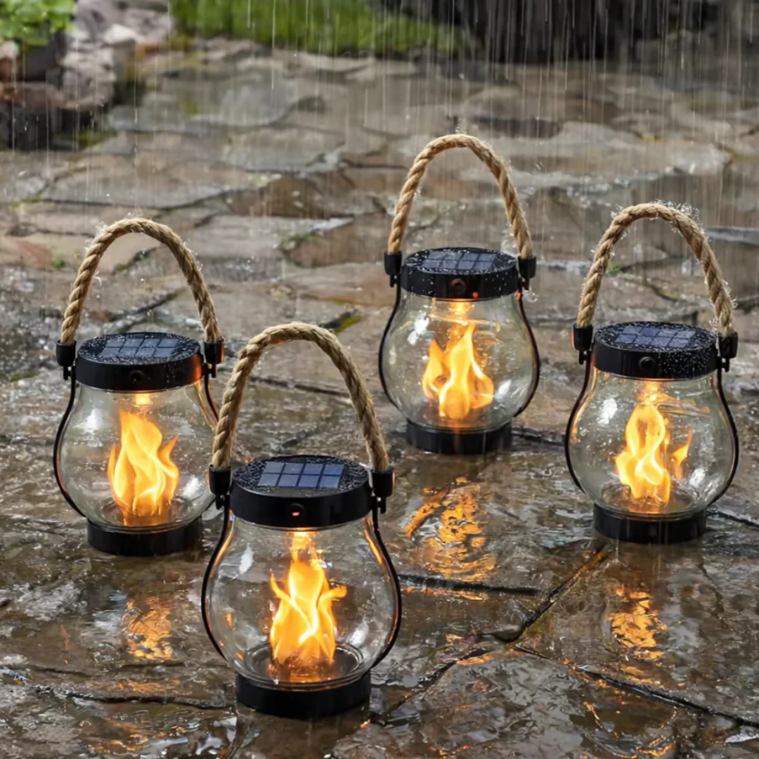 Outdoor solar lantern with realistic flickering flame effect, great for garden, patio, and pathway lighting.