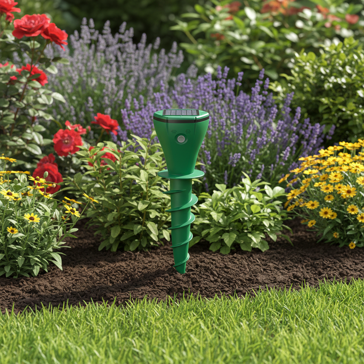 Easy-install solar garden protector. Shields lawns & landscapes from pests, eco-friendly outdoor solution.