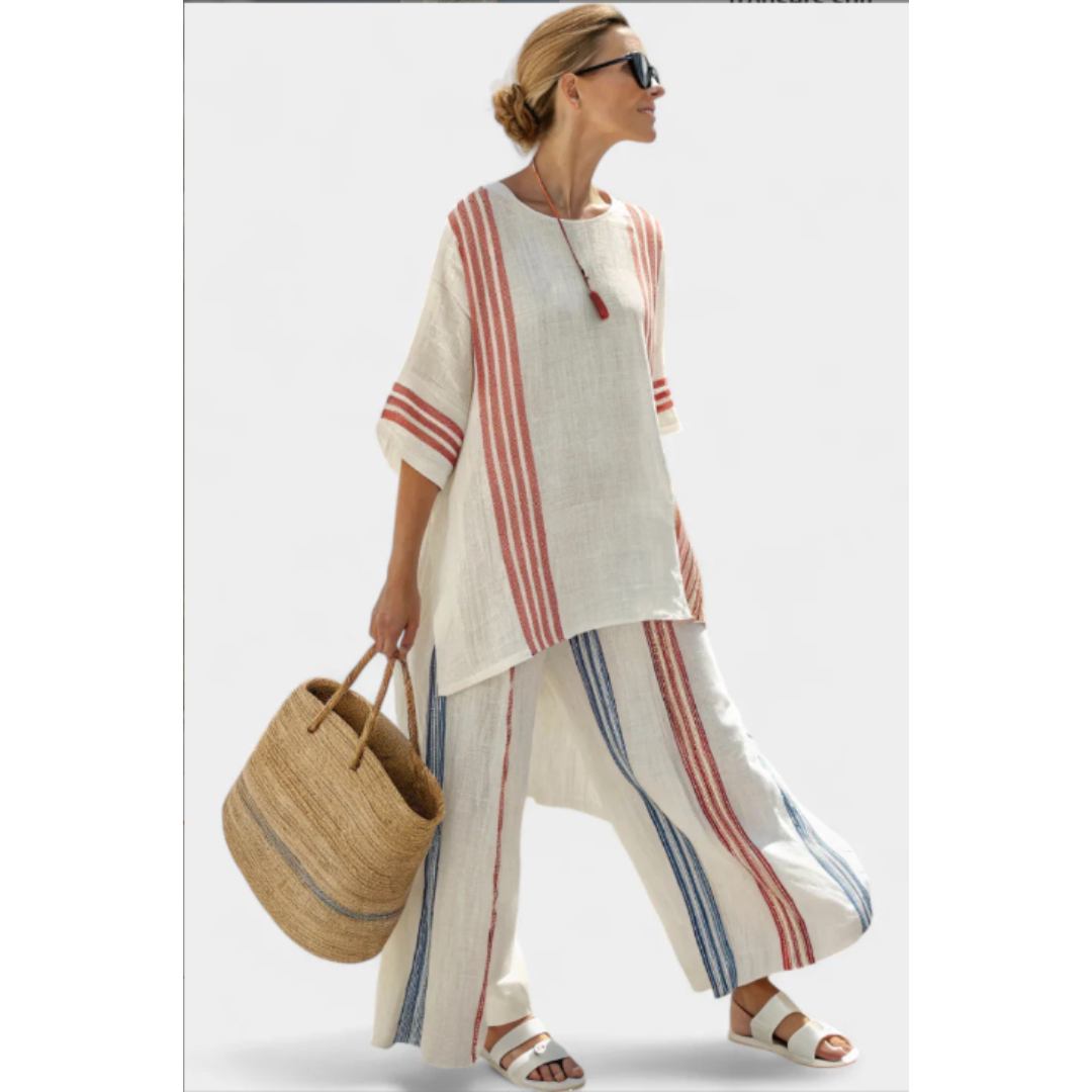 White women's striped relaxed two-piece set with a tunic top and wide-leg pants, perfect for summer casual wear.