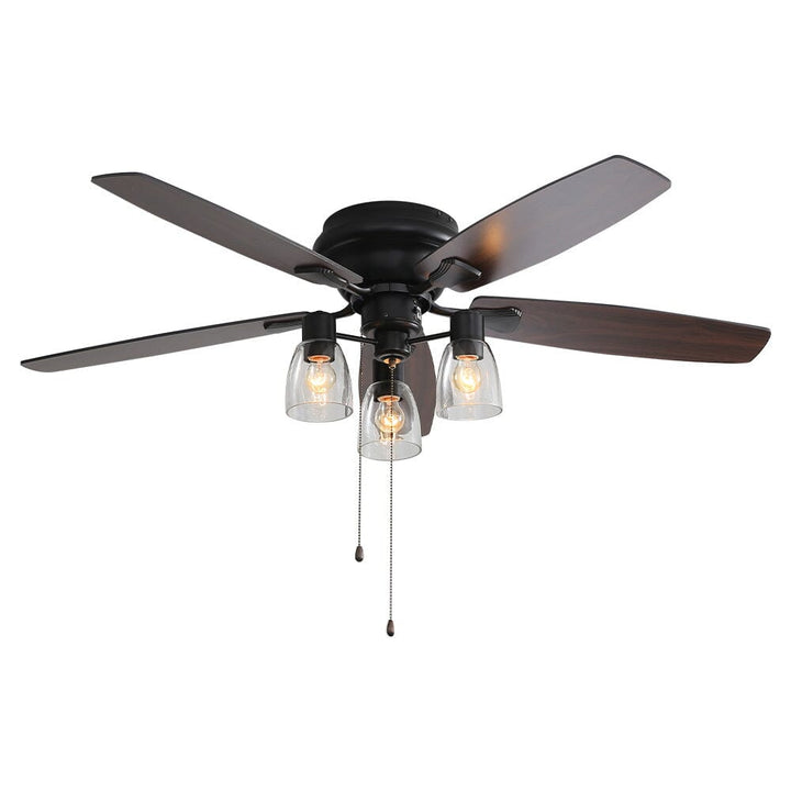 Quiet 52-inch indoor ceiling fan with LED lighting, offering convenient remote control for modern home comfort.