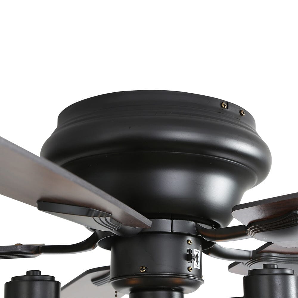 Low profile 52-inch indoor ceiling fan, designed for quiet operation with integrated LED light & remote control.