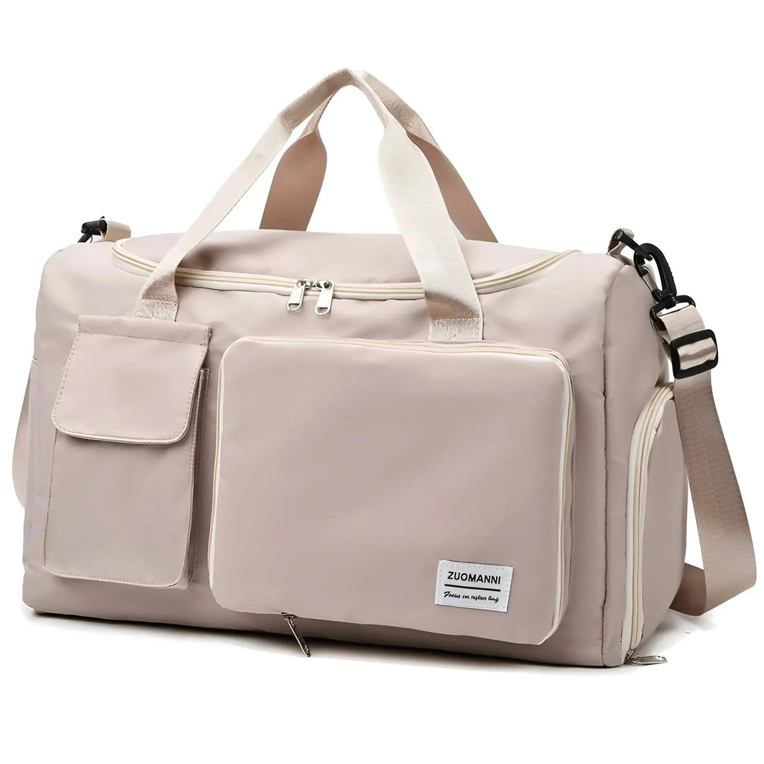Smart travel duffel, waterproof nylon, large main compartment, plus dedicated shoe storage.