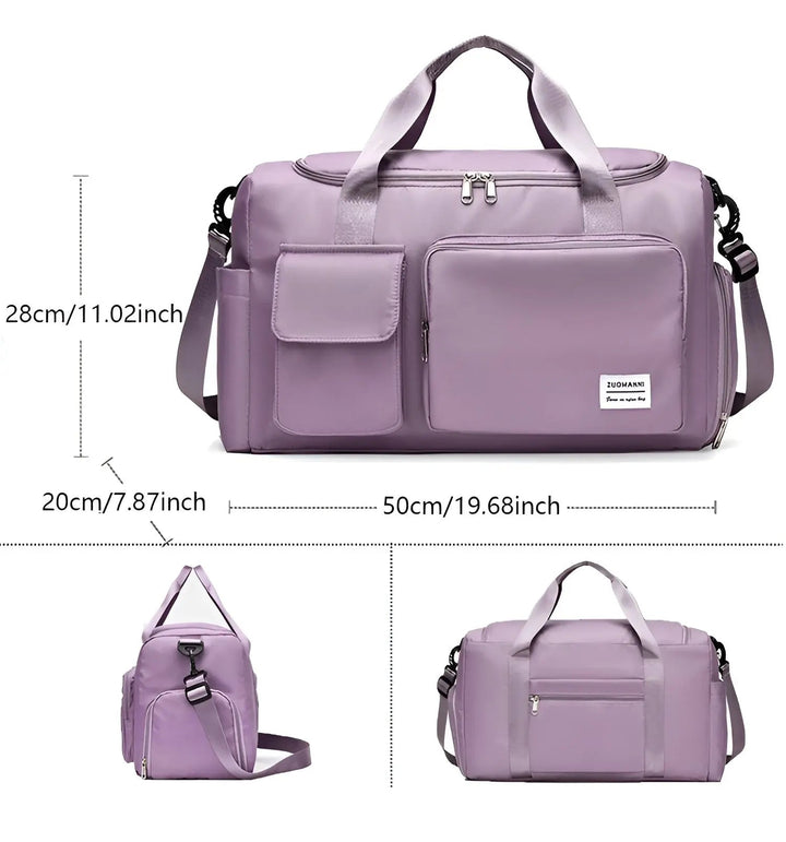 Spacious black nylon duffel bag for travel, sports, and gym, featuring a separate shoe compartment.