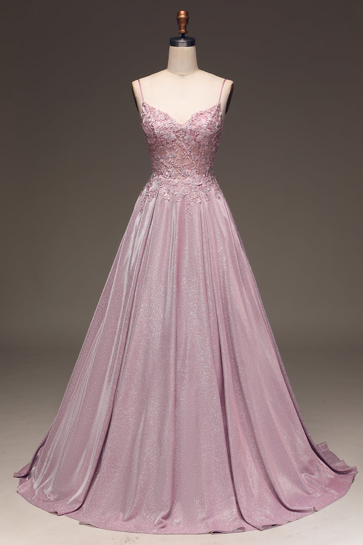 Full-length women's sparkling blush A-line ball gown. Elegant formal dress with V-neck, spaghetti straps for events.