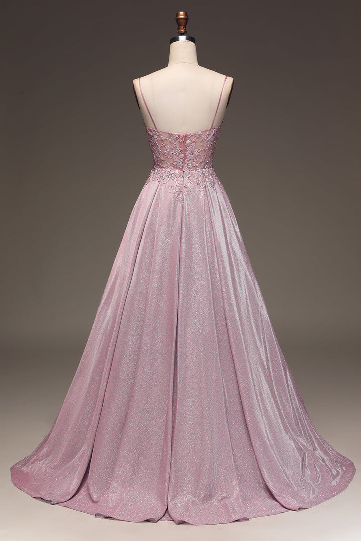 Dazzling sparkling blush A-line ball gown, perfect for prom. Women's floor-length formal dress with a flattering silhouette.